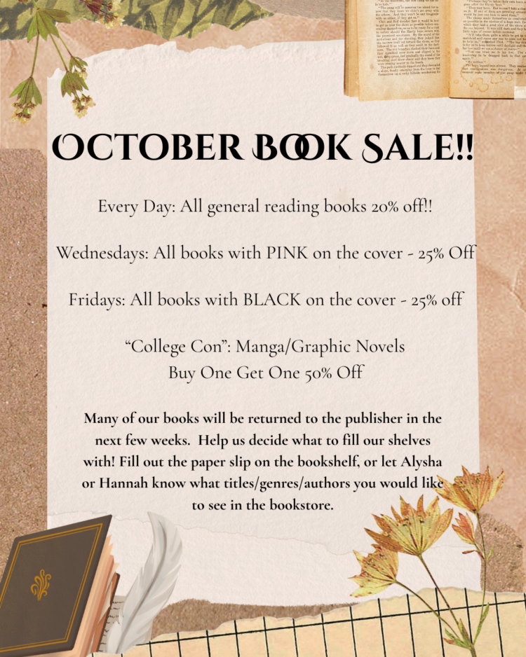 October Book Sale flyer detailing discounts on general books, color-coded covers, and a buy-one-get-one-half-off deal on manga and graphic novels, with a request for customer feedback on future book orders.