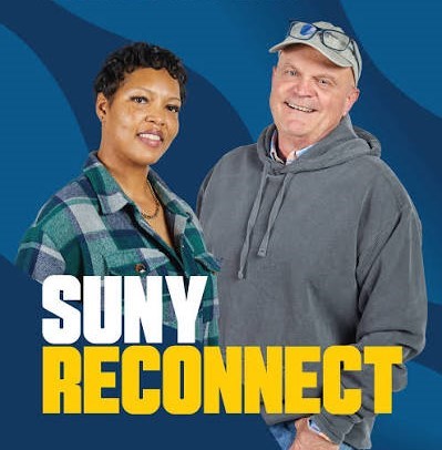 A woman in a plaid shirt and a man in a gray hoodie stand in front of the text SUNY RECONNECT.