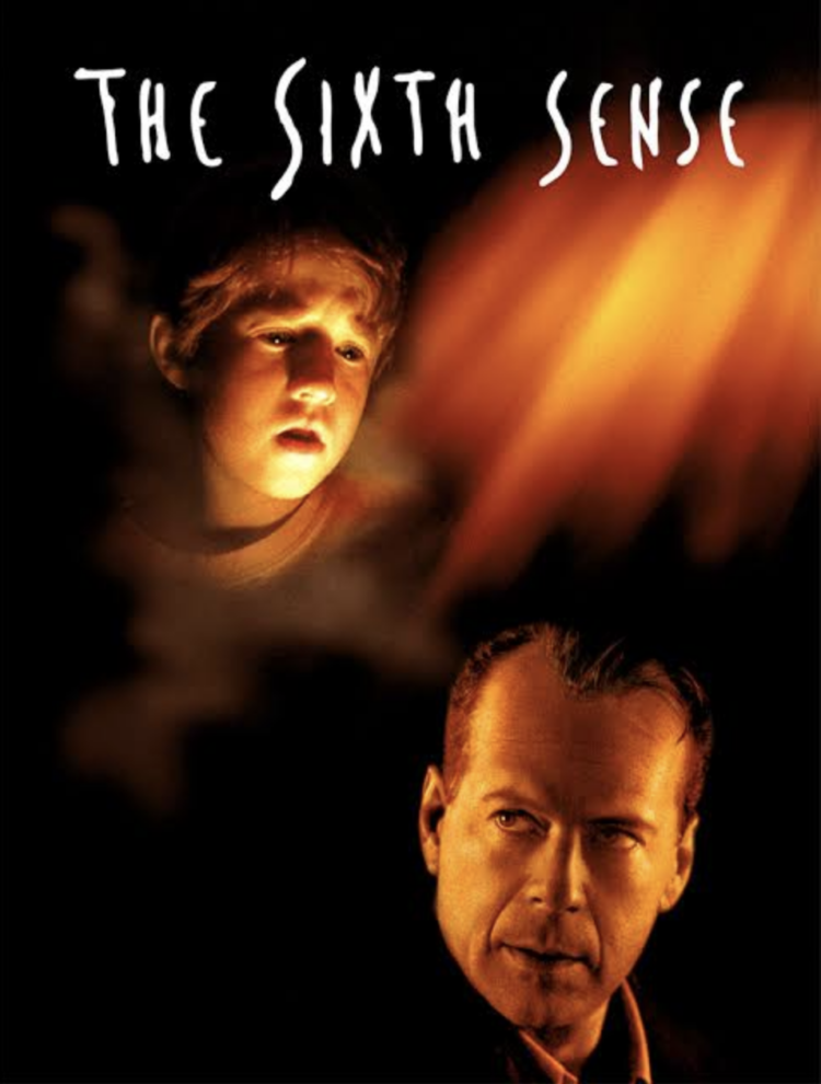 Movie poster for The Sixth Sense featuring a young boy and an adult man against a dark background with an orange light.