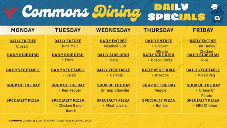 Commons Dining daily specials menu for Monday through Friday, listing daily entrees, side dishes, vegetables, soups, and specialty pizzas.