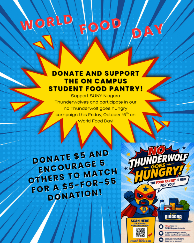 World Food Day poster inviting donations for the SUNY Niagara student food pantry, featuring a superhero mascot, a $5 matching donation challenge, and a QR code for more information.