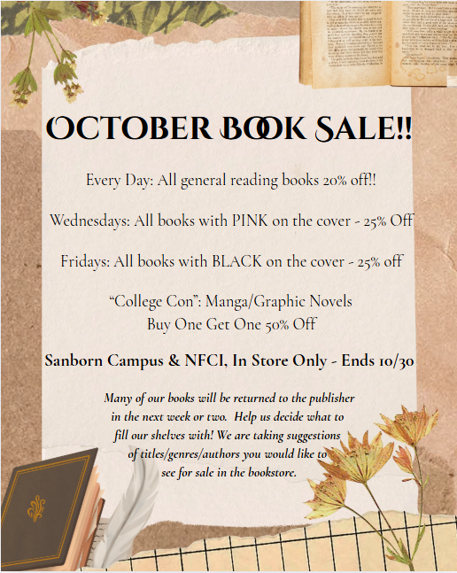 Flyer for an October book sale featuring 20-25% discounts on various books, BOGO 50% off on manga and graphic novels, valid at Sanborn Campus and NFCI until October 30.