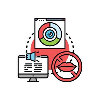 An icon featuring a pie chart above a computer monitor displaying text and a megaphone, next to a red circle with a line through a pair of lips.