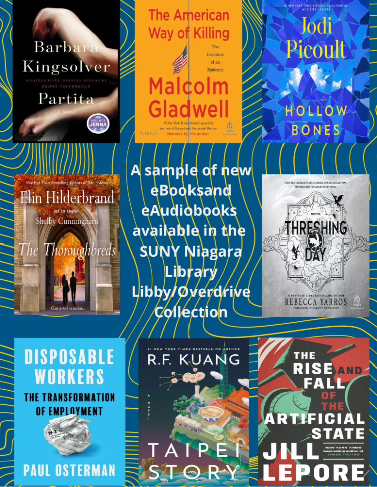 A digital flyer for the SUNY Niagara Library Libby/Overdrive collection, displaying eight new eBook and eAudiobook titles by authors including Barbara Kingsolver, Malcolm Gladwell, Jodi Picoult, Elin Hilderbrand, Rebecca Yarros, and Jill Lepore.