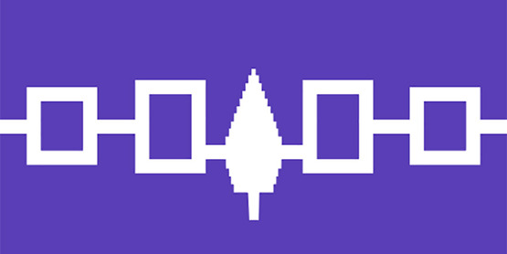 The Hiawatha Belt: a horizontal white line connecting four squares and a central pine tree symbol on a purple background.