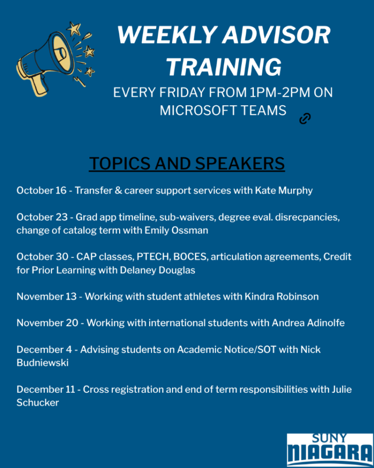 Weekly Advisor Training schedule via Microsoft Teams, listing topics and speakers for October 16 through December 11 at SUNY Niagara.