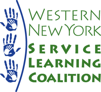 Logo for the Western New York Service Learning Coalition, featuring three blue handprints stacked vertically next to the organizations name in green text.